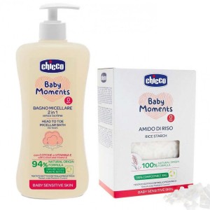 ЛОСИОН ЗА ТЕЛО 500МЛ SENSITIVE CHICCO+ ПОДАРОК КУПКА СО ПАРЧИЊА ОРИЗОВ СКРОБ 250ГР  CHICCO
